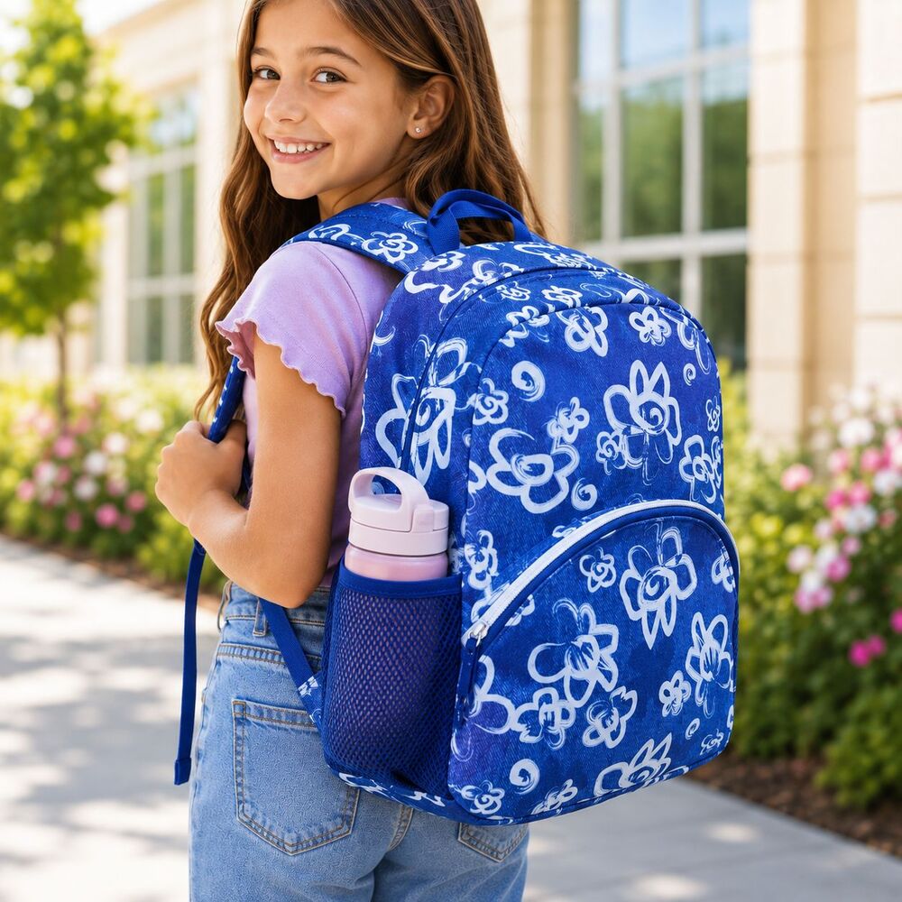 Confetti Blue 16 inch Floral Cute Backpack Girls School Bag Water Bottle Pocket